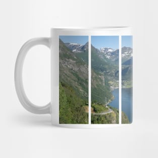 Wonderful landscapes in Norway. Vestland. Beautiful scenery of Geiranger Fjord from the Ornesvingen viewpoint. Cruise ship, winding roads, waterfall and stream Mug